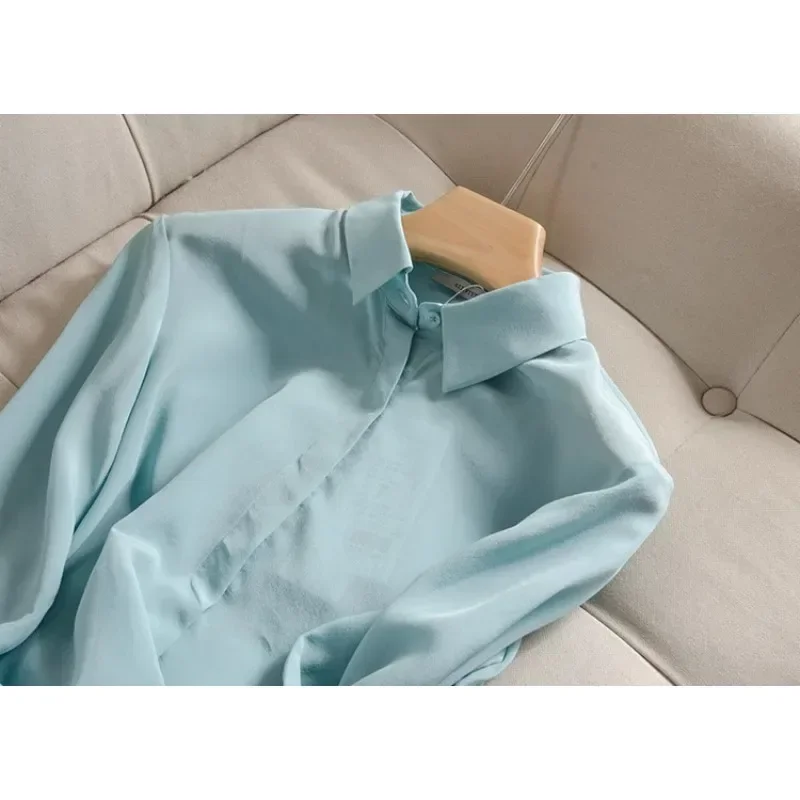 2024 Summer OL Casual Streetwear Satin T-shirts Tees Women's Shirt Elegant Turn-down Collar Long Sleeve Lace Up Female Tops