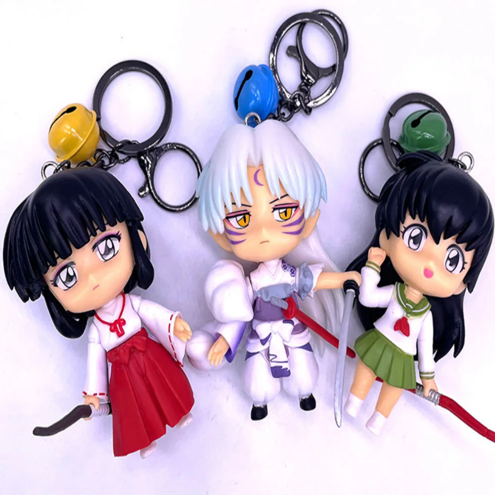 6Pcs/Set 10CM Inuyasha Q Version Sesshoumaru Higurashi Kagome Kikyo Keychain Bell Toys Pendant PVC Action Figure Model Keyholder