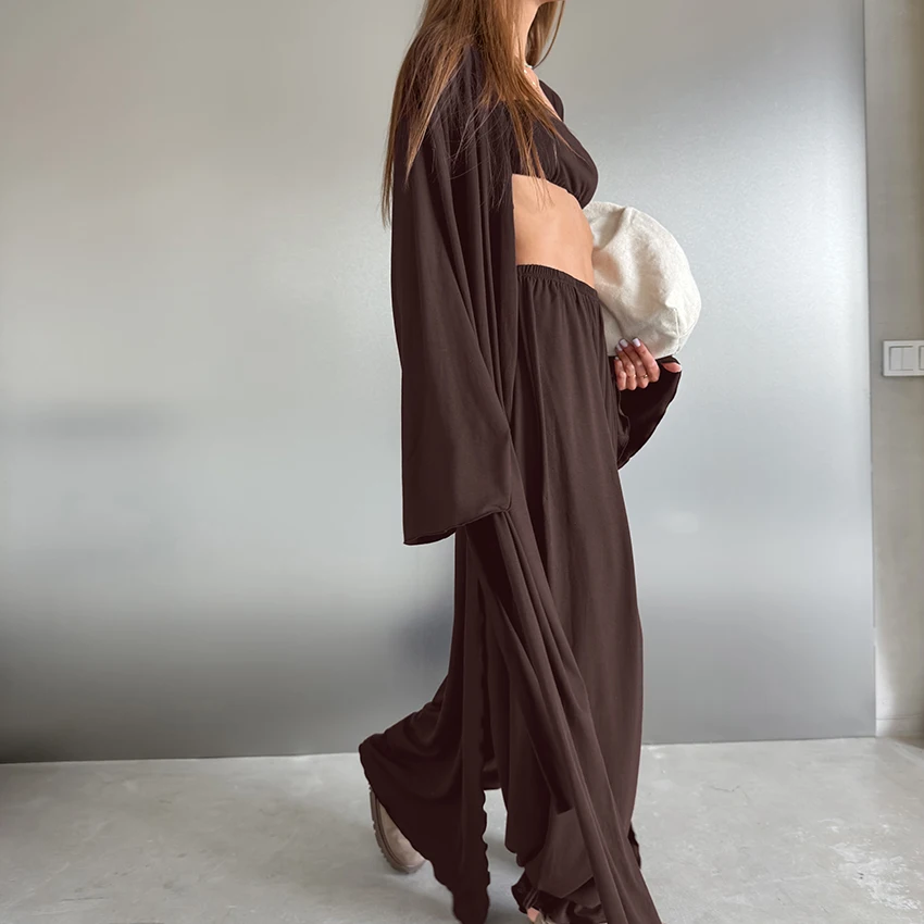 HiLoc Brown Casual Knitted Elastic Pajamas Three-Piece Long Sleeve Long Coat Sleeveless Tube Top Elastic Waist Full Length Pants