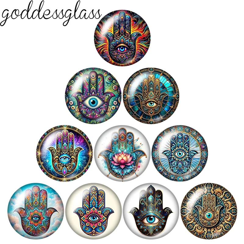 

Retro Hamsa hand with evil eye Blue patterns 12mm/18mm/20mm/25mm Round photo glass cabochon flat back Making findings Jewelry