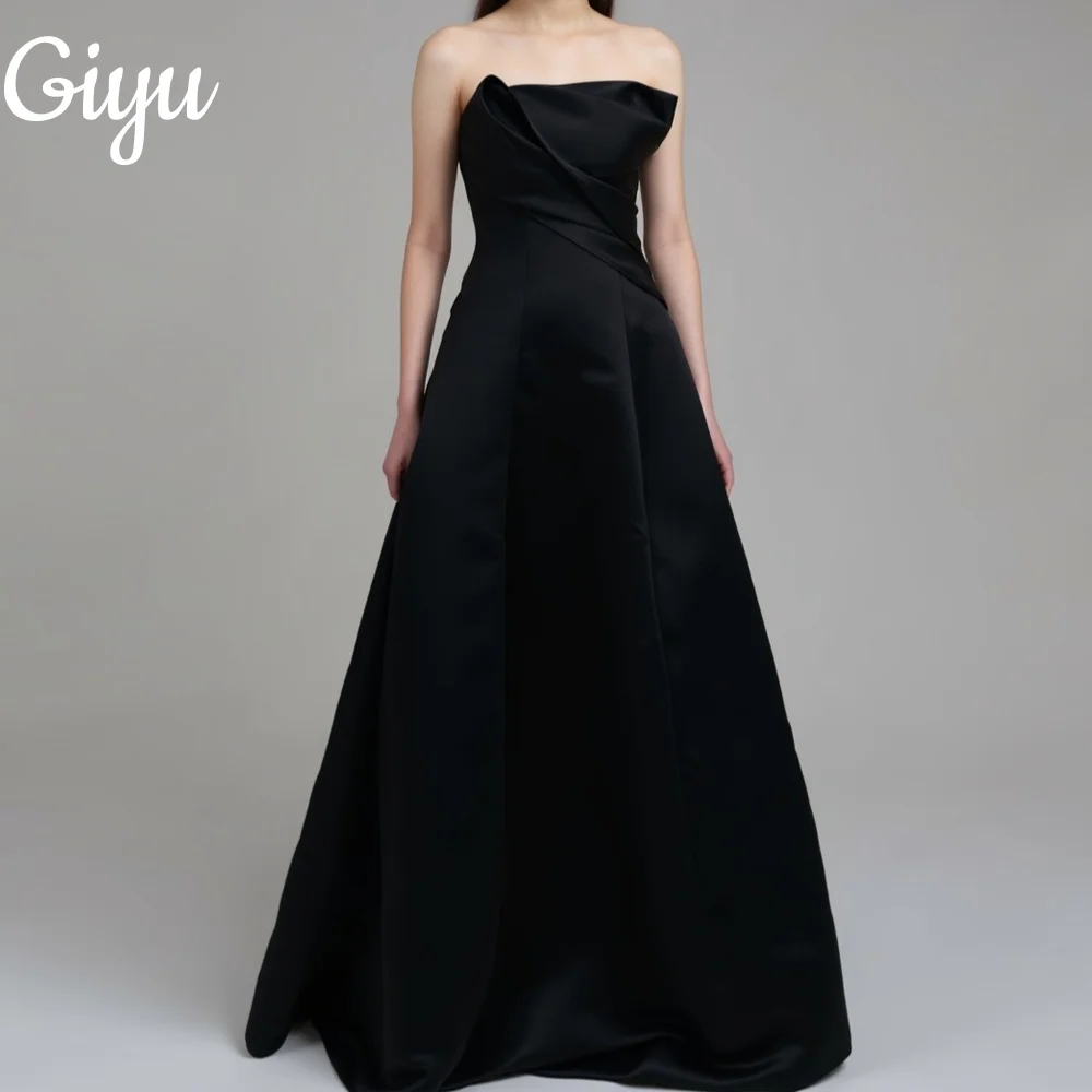 

Giyu Elegant A-line Black Sleeveless Wedding Party Dress Strapless Pleat Korea Photoshoot Floor-Length Customized Evening Gown