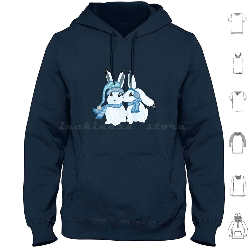 Under The Mistletoe Arctic Hares Hoodies Long Sleeve Arctic Hares Bunnies Bunny Lover Rabbit Lover Winter Nuthatch Blue