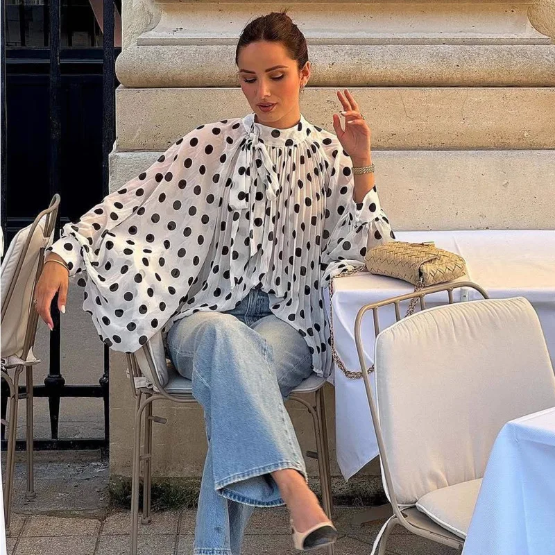 

Элегантная женская блузка с рукавами-фонариками в горошек, полупрозрачная, свободного кроя, модная, с различными вариантами стиля, с длинными рукавами