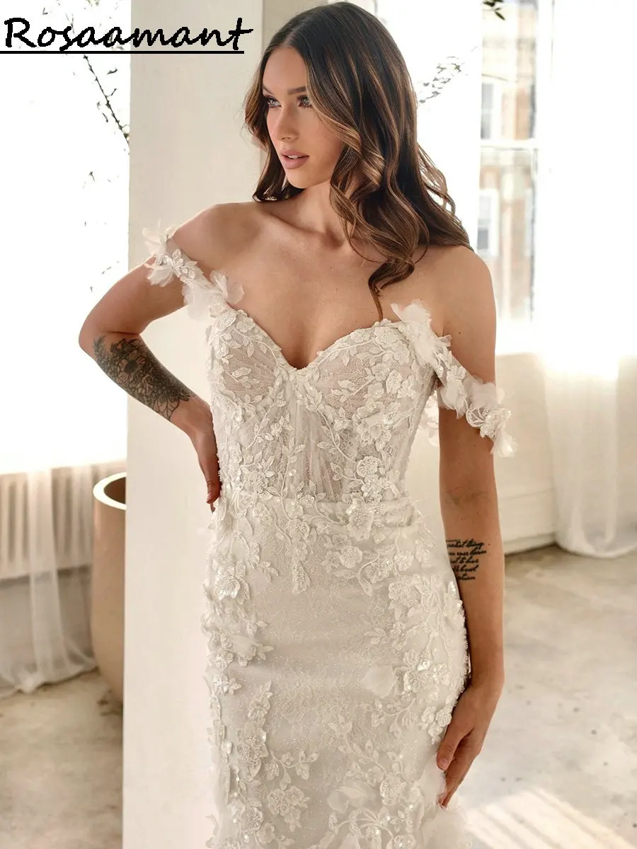 Charming Off The Shoulder 3D Flowers Mermaid Wedding Dresses Appliques Lace Boho Bridal Gowns