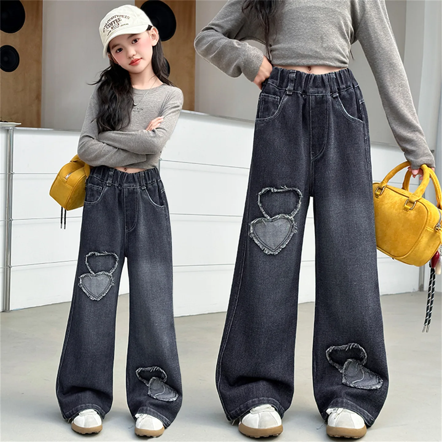 

Школьные широкие брюки для девочек-подростков с дизайном в виде сердца, повседневные свободные новые весенние модные длинные джинсы, детские брюки в корейском стиле
