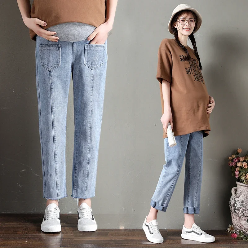 2022 Ass Pocket Design Spring Maternity Jeans for Pregnant Woman Pregnancy Denim Pants Cotton Loose Trousers  Clothing