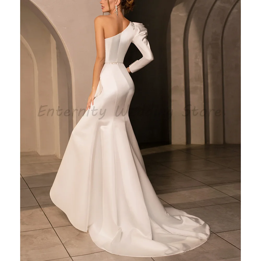 White Satin One Shoulder Wedding Dress Long Sleeve Beaded Waist Draped High Slit Mermaid Bridal Gown With Train