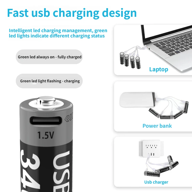 AA and AAA Rechargeable Lithium Battery 1.5V 3400mWh+1.5V1100mWh with USB-C Charging Cable for Smart Lock Microphone