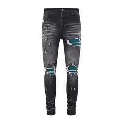 Jeans rasgado de emagrecimento retrô pintado masculino, remendo verde, marca de hip hop, elegante, rua alta, designer elegante, preto e cinza