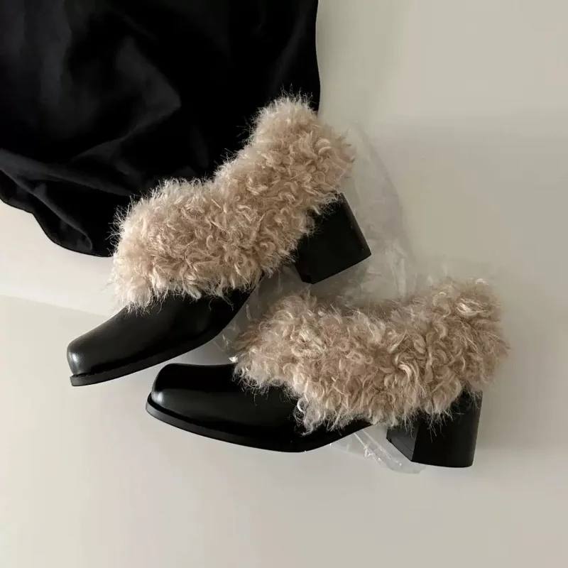 

5.5CM Chunky Heel Square Toe Furry Short Boots French Fur Lined Winter Warm Shoes Slip on Booties Elegant Botas Mujer Size 35-40