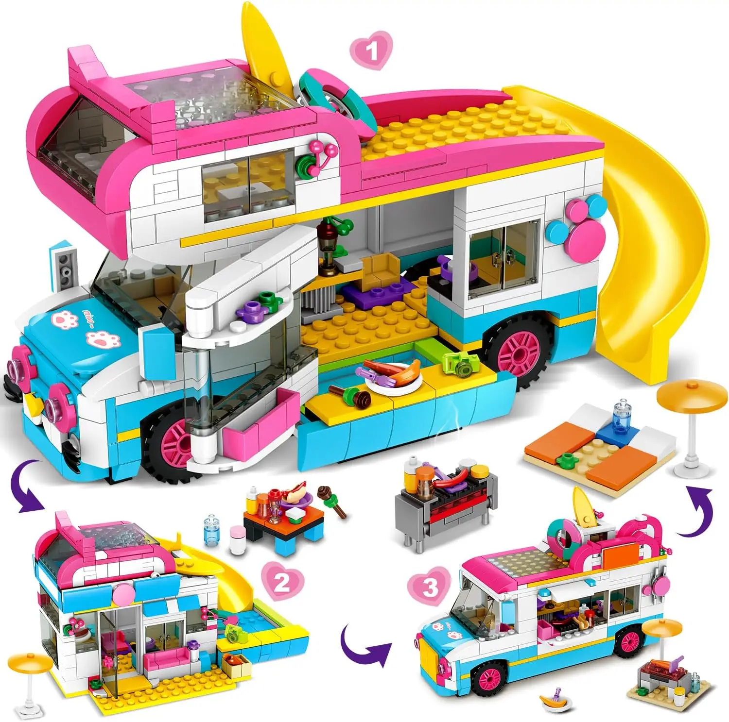 HOGOKIDS 3-in-1 Girls Camper Van Building Set - 494PCS Summer Beach Camping Building Blocks Sets | Food Truck Building Toys with