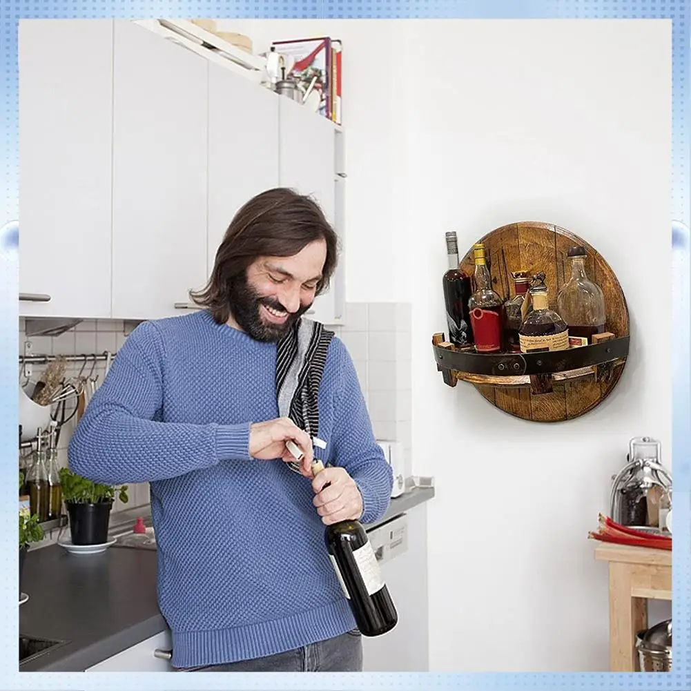 

AD30-Handcrafted Liquor Bottle Display, Wall Mounted Whiskey Barrel Shelf, Vintage Round Wine Rack Whisky Display