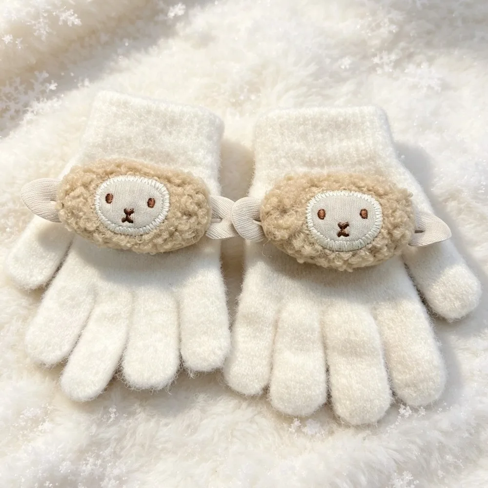 Cartoon Anti Cold Gloves Soft Knit Fabric Full Finger Structure Cartoon Sheep Gloves Lamb Applique Warm Five Finger Gloves