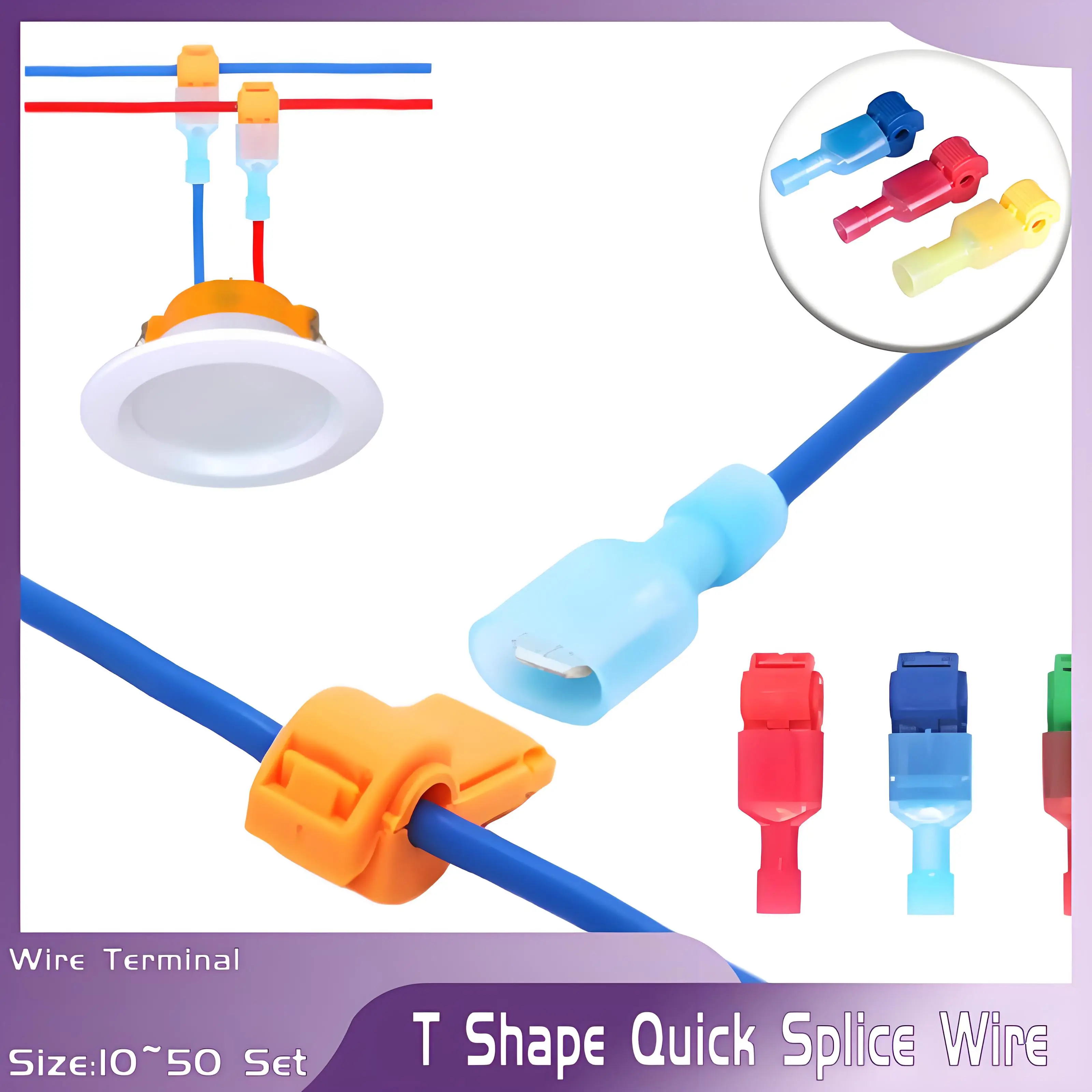 

10-50Set T-Tap Quick Wire Connectors, Waterproof Electrical Crimp Terminals Block Lock for 22-10 AWG Cable Fast Splice Terminals