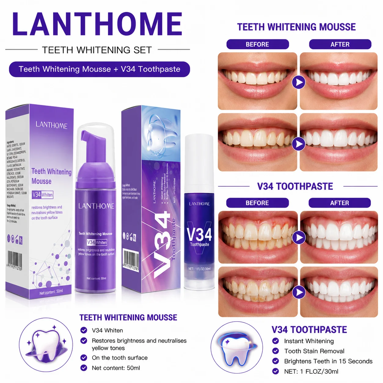 Teeth Whitening Mousse - V34 Paarse Tandenbleekmousse & Tandpasta Set,