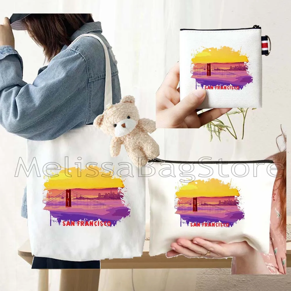 

4PCS Gifts Set San Francisco White Canvas Tote Bag Handbag with Doll Key Coin Purse Cosmetic Makeup Toilet Bag Case Pouch