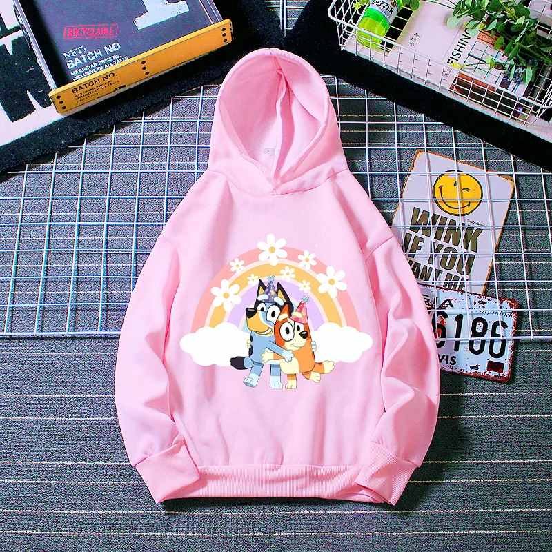 New Bluey Bingo Child Fleece Hooded Sweatshirt Boys Girls Clothes Warm Comfortable Cartoon Anime Graphic Print Sweatshirts Gifts