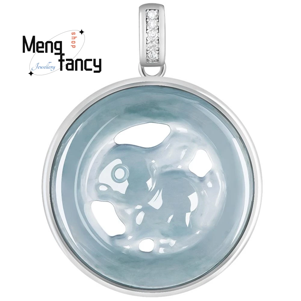 Fashion Jewelry Natural A-goods Jadeite Blue Water Zodiac Rabbit Pendant S925 Silver Inlaid Sexy Young Girls Luxury Holiday Gift