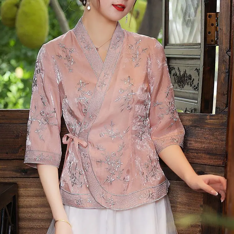 

2024 hanfu women's improved short women's wear chinese style oblique front lacing lady embroidery ethnic style tangsuits top