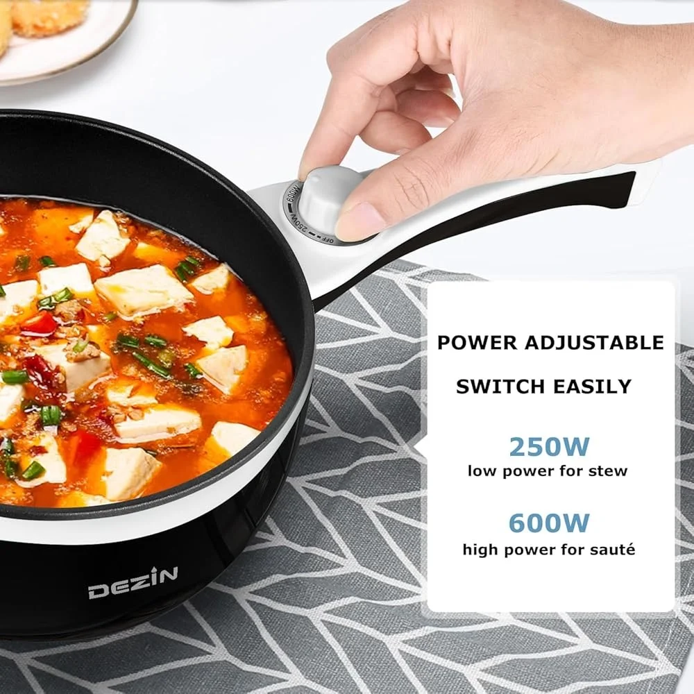 Electric Hot Pot with Steamer Non-Stick Sauté Pan 1.5L Travel Cooker Rapid Noodles Eggs Steak Rice Spatula Included