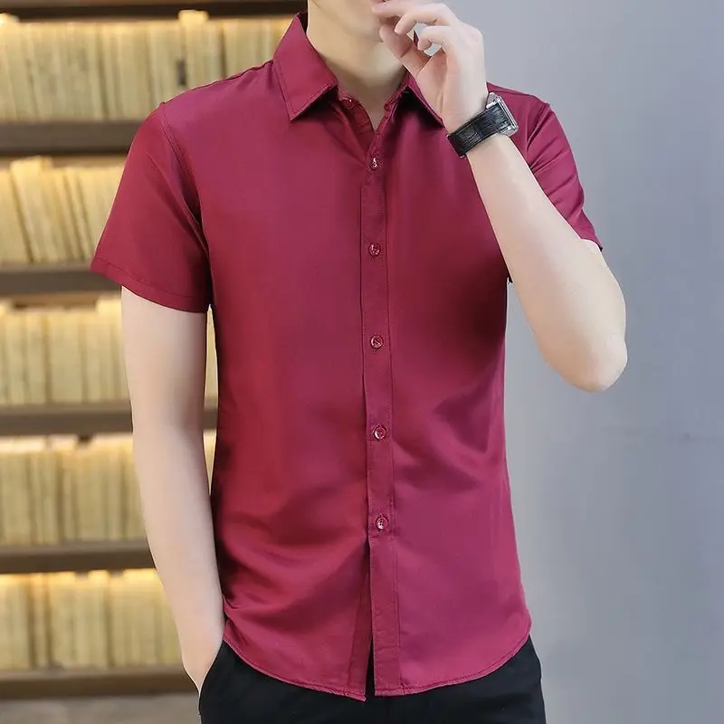 

Man for Office Shirt Short Sleeve Plain Shirts Men Casual Designer Button Up Korean Style Fashion 2025 Vintage with Sleeves Silk