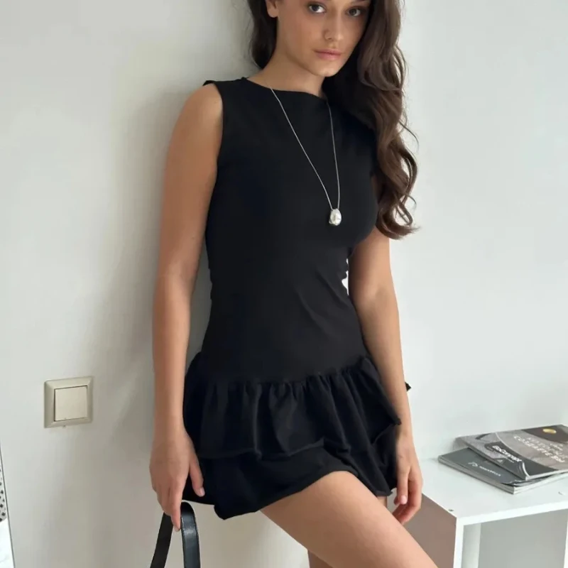 Em torno do pescoço sem mangas cintura cortada magro em camadas babados splice moda elegante cor sólida quente menina sexy colete mini vestido feminino