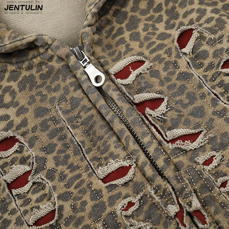 American Retro Leopard Print Hollowed Out Perforated Letter Hooded Cardigan With Double Zipper Men's Hoodie Jacket