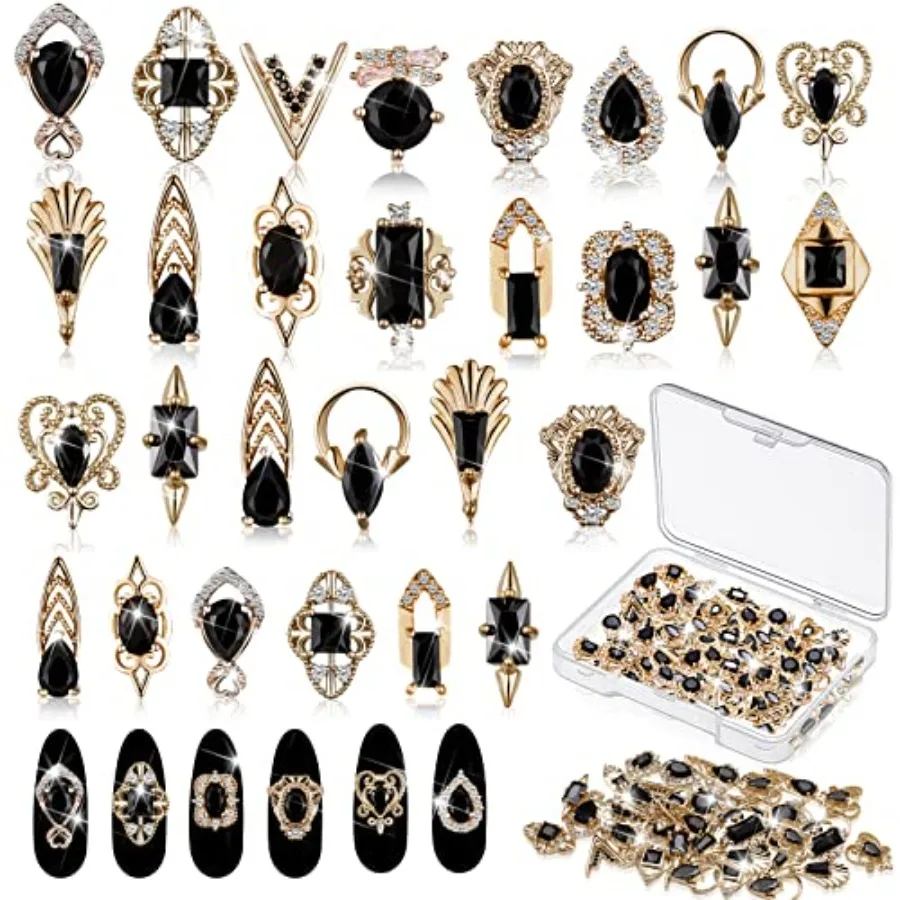 

24 Pieces 3D Gold Luxury Black Rhinestones Nail Charms with Storage Box for Acrylic Nails Black Zircon Jewels Crystals Decorati