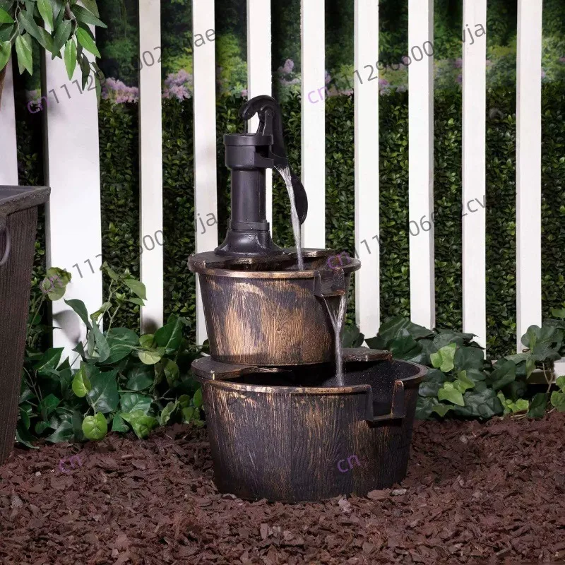Fountain wooden barrel fountain double-layer flowing water ornament simple installation