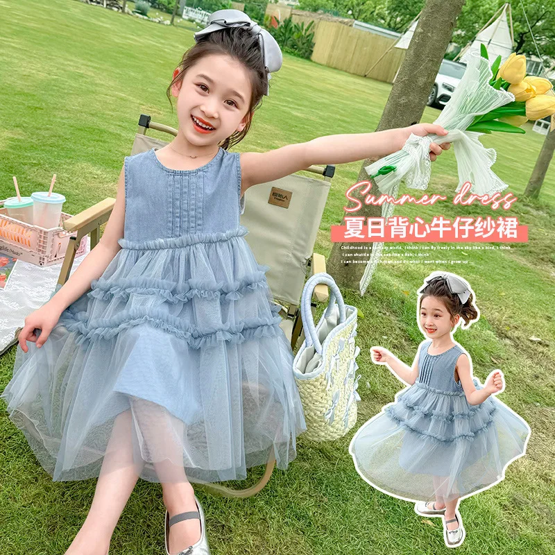 

Girls Summer Dress 2025 New Fashion Little Girl Vest Denim Gauze Skirt Medium Children's Sweet Princess Dress