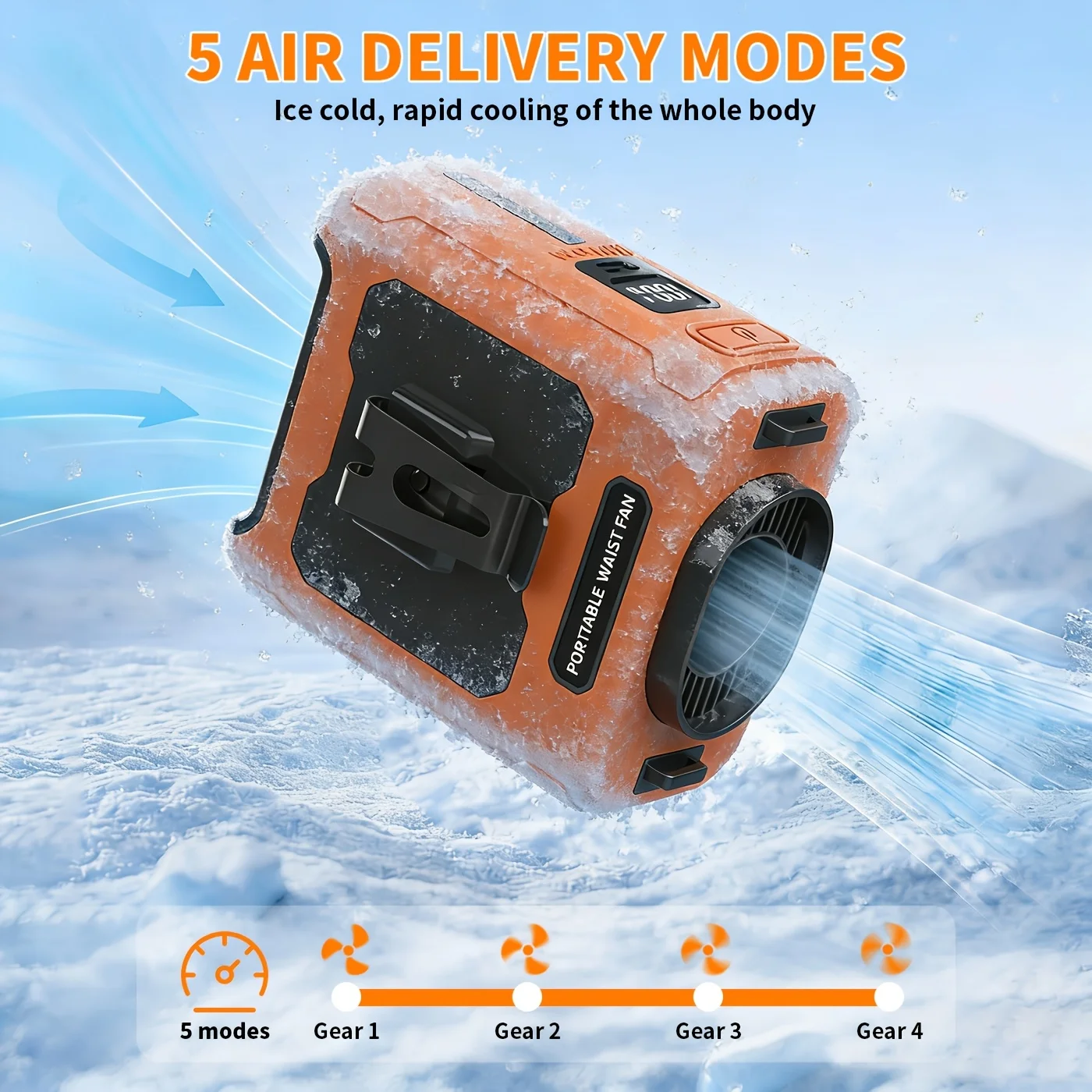 High Speed Waist Hanging Cooling Fan, USB Rechargeable 10000mAh Portable Personal Fan with 5 Levels for Outdoor & Travel