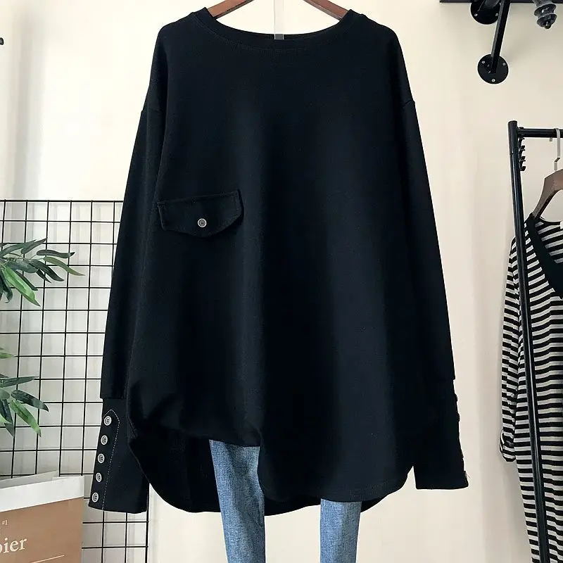 2023 Spring Autumn Solid Color Fashion Round Neck T-Shirts Women High Street Long Sleeve Button Mid-length All-match Pullovers