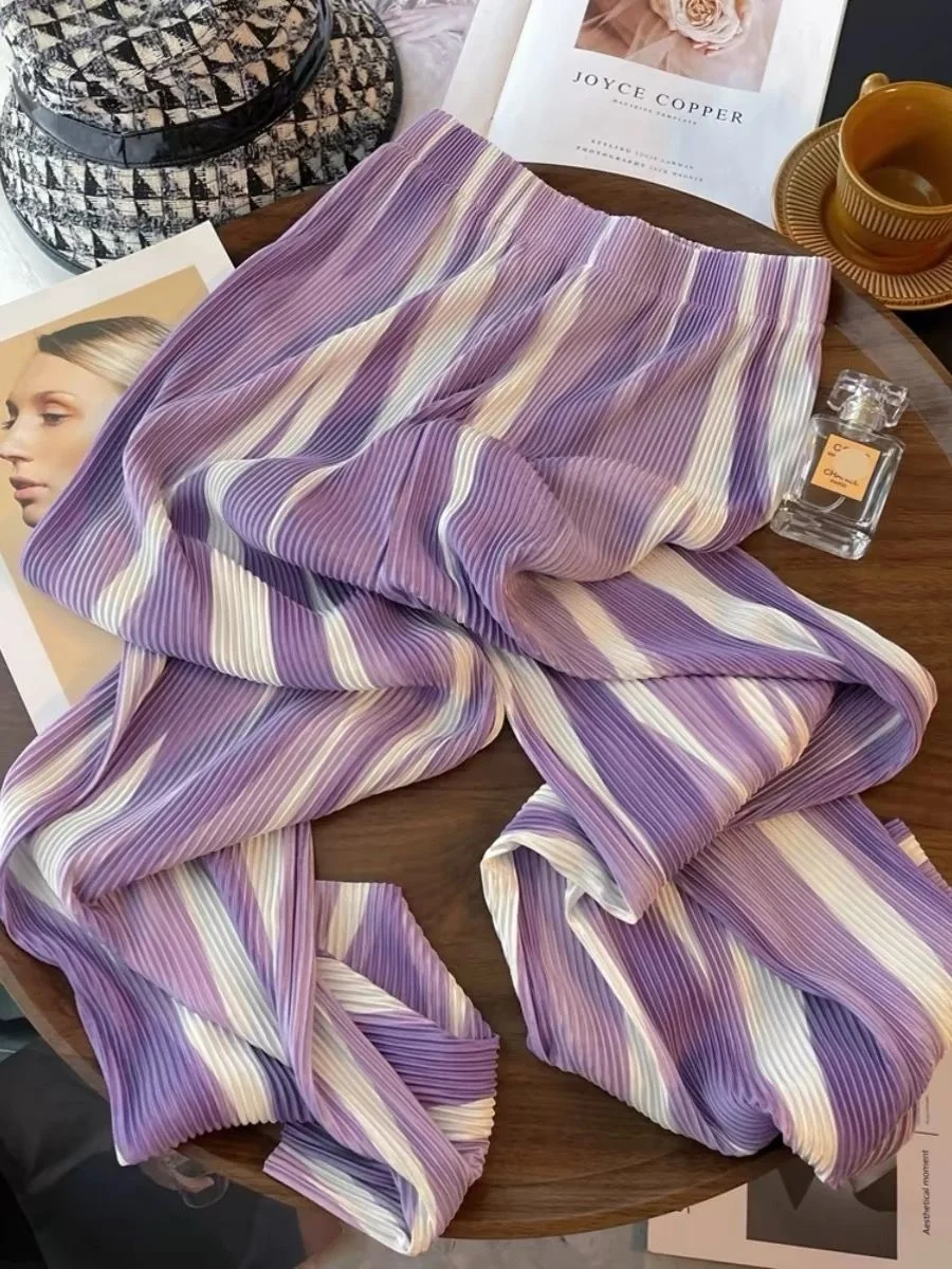 

Women's Purple Striped Pleated Wide Leg Pants - High Waist Loose Fit Trousers, Fashion Casual Niche Streetwear for Spring Summer