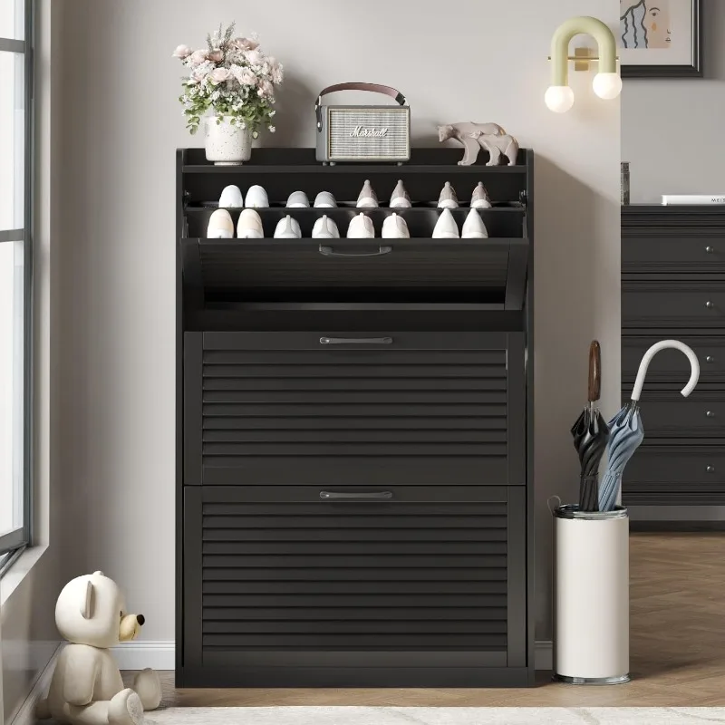 Shoe Storage Cabinet with 3 Flip Louvered Doors, Freestanding Organizer with Metal Hinges