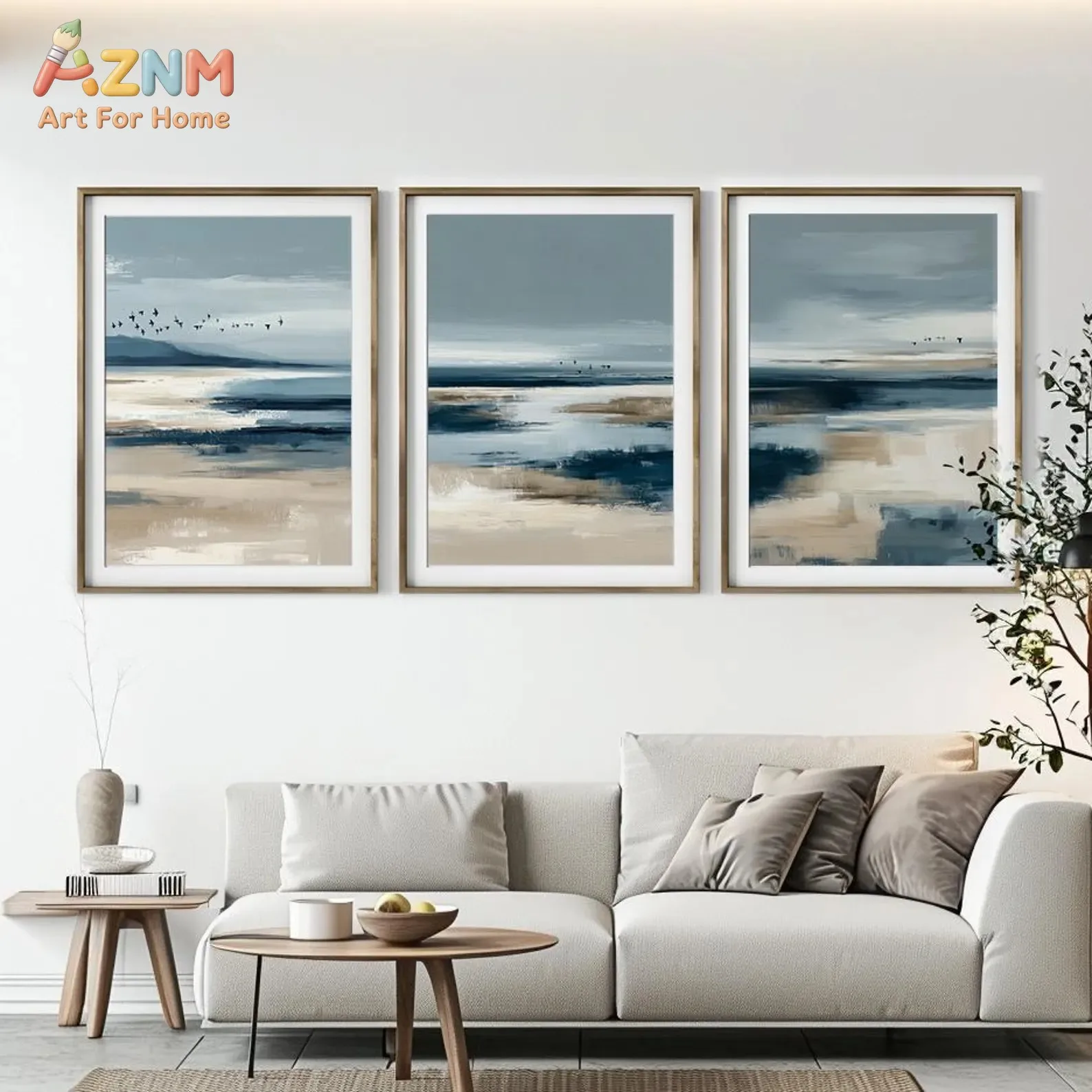AZNM Neutral Blue Beige Abstract Seascape Canvas Wall Art Textured Brush Stroke Coastal Flying Birds Landscape Unframed Canvas P