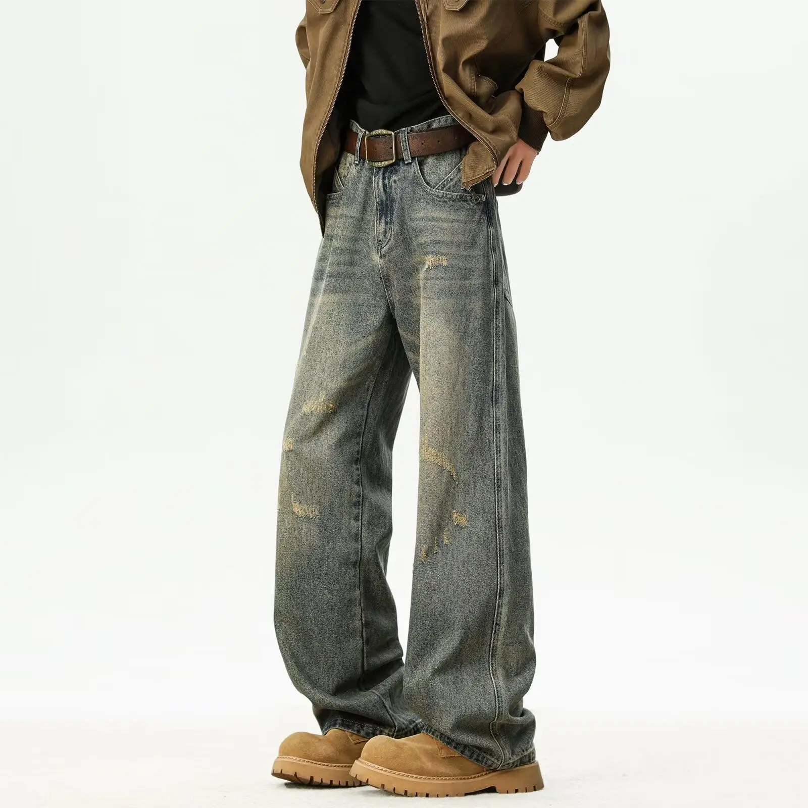 Retro Distressed Men's Wide Legs Jeans New Autumn Y2k Trousers Street Style Young Boy Bottom Male High Waist Denim Pants