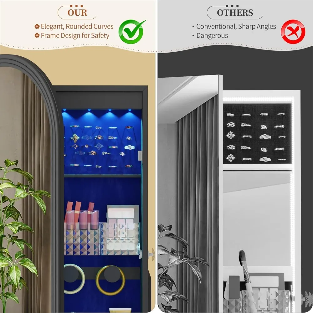 خزانة مجوهرات بمرآة مقاس 63 بوصة، منظم مرآة مجوهرات دوار بطول كامل، مع درج لهدايا النساء والفتيات (أسود)