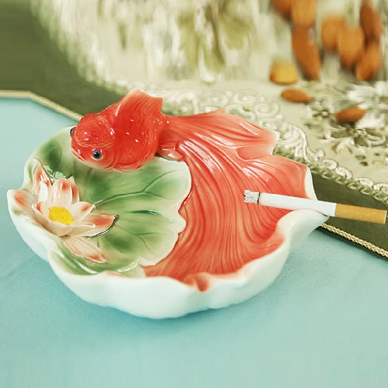 

European living room goldfish lotus pattern ceramic ashtray home office multi-functional portable candy tray storage ashtray