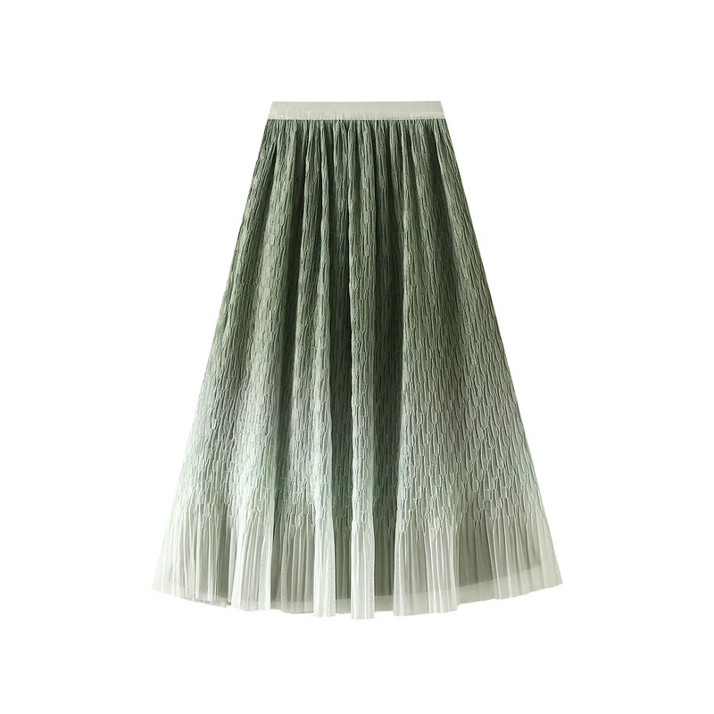 

2024 Spring/Summer New Gradient Color Mesh Half Skirt Women's High Waist Mid length Yarn Skirt Thin Hundred pleats Long Skirt