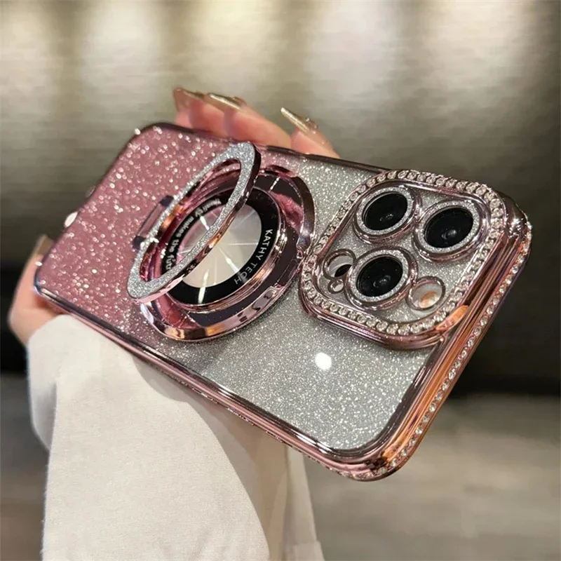 Funda enjoyada de carga inalámbrica Magsafe de lujo para iPhone 16 11 12 13 14 15 Pro Max cubierta de parachoques con soporte de anillo magnético brillante