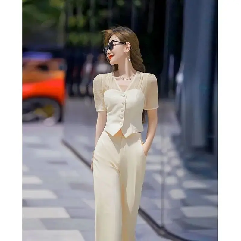 Fashionable Women\'s Set 2023 New Spring/Summer New Temperament V-Neck Panel Top+High Waist Wide Leg Pants Two Piece Set