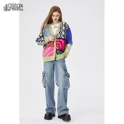 ELFSACK Harajuku Cardigan Women 2024 Spring new Retro Long Sleeve Knitwears Patch Colors