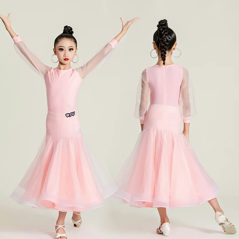 Pink Blue Ballroom Dance Dresses Girls Waltz Standard Dancing Performance Wear Two Piece Tango Dance Stage Costume VDB7661