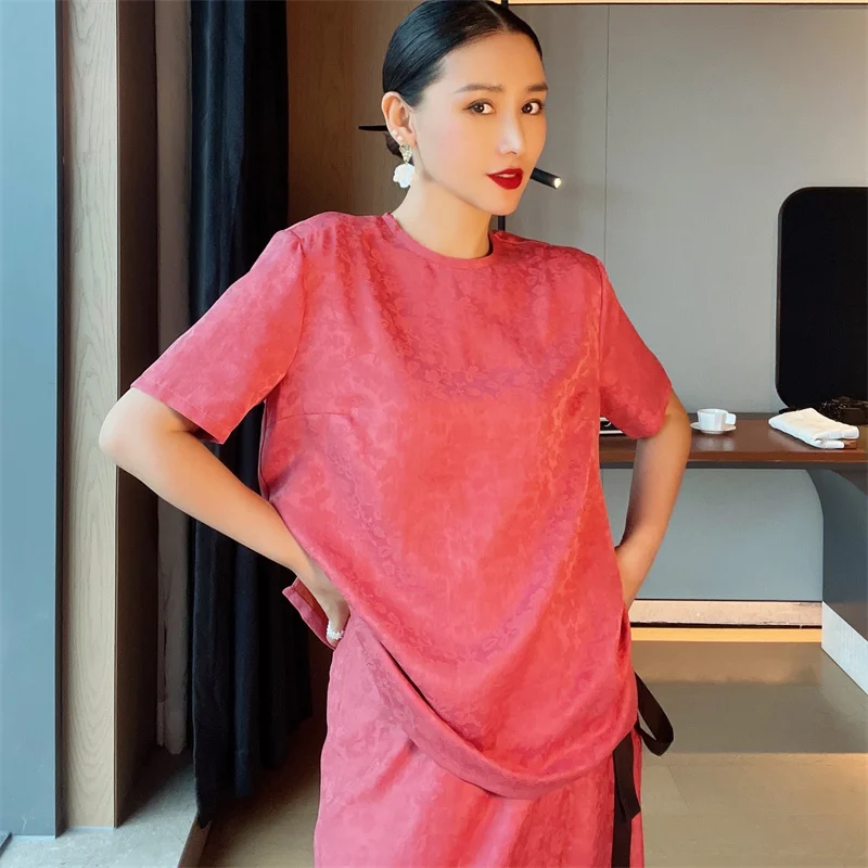 

Шелковый пуловер с прозрачным цветочным узором в стиле ретро, красный, для женщин, повседневная одежда