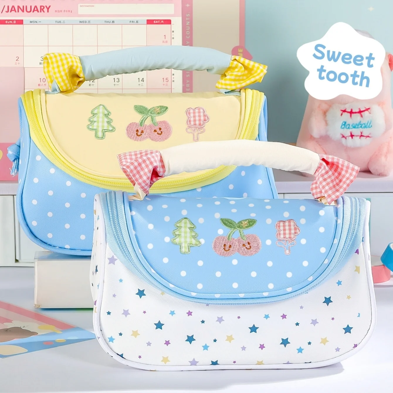 1PC Cute Handheld Cherry Dopamine Color Pencil Case Large Capacity Storage Pen Bag Multi-Functional Stationery Bag A3409
