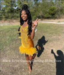 Luxury Gold Diamante Short Homecoming Party Dress 2024 Glitter Beaded Feather Black Teenage Birthday Queen Dress Robe Soiree