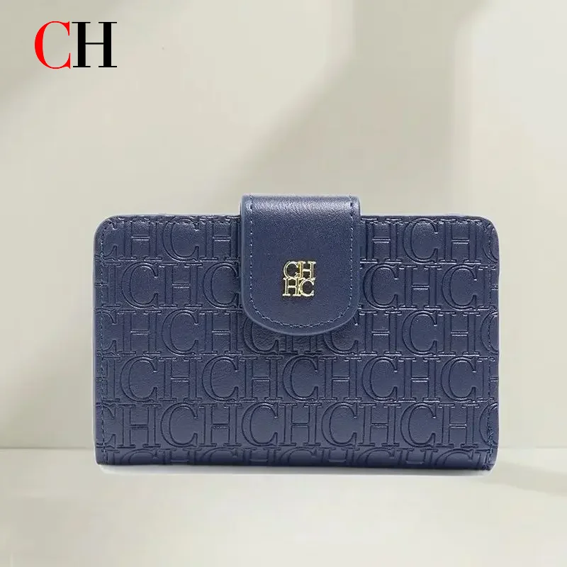 Ch requintado simples moda feminina carteira curta azul puro marca de luxo carta impressa estilo bolsa de cartão feminino