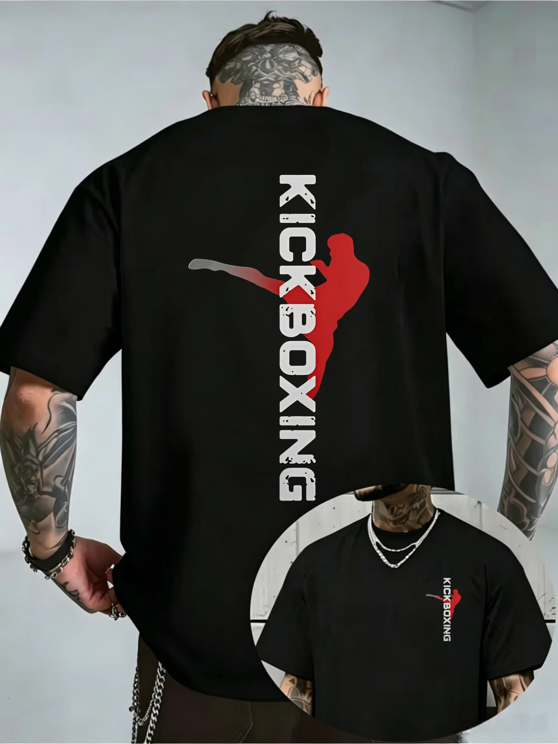 Vintage Vertical Kickboxing High Kick Fighter Silhouette Print T Shirt for Men, Double Sided Muay Thai Kickboxing