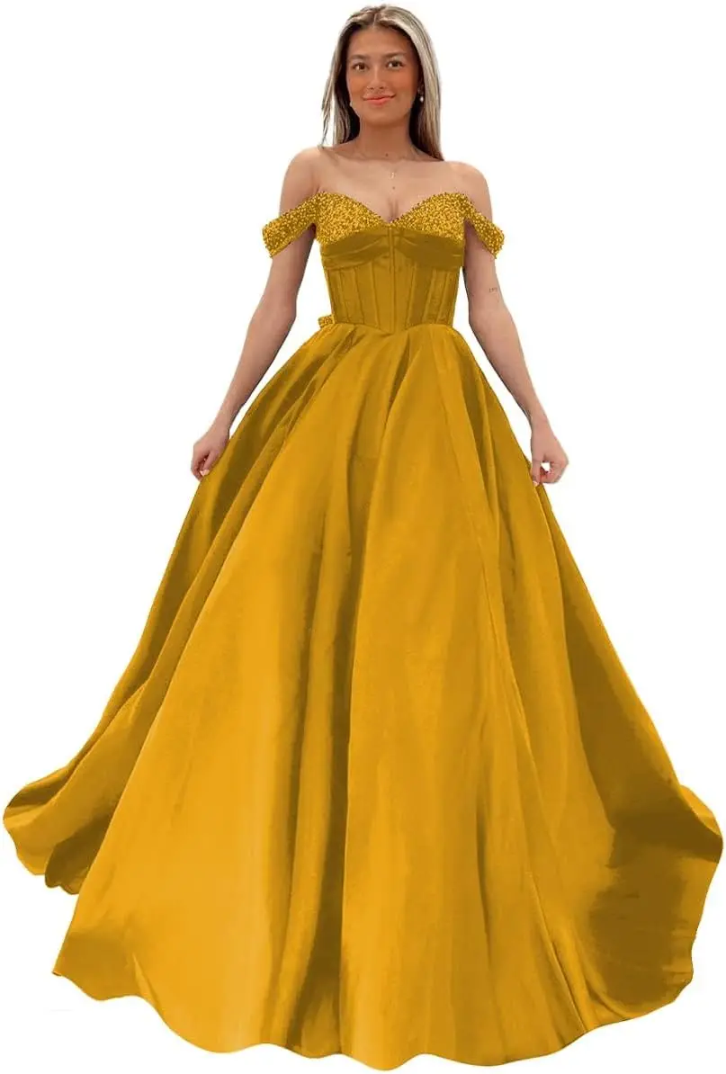 오프숄더 새틴 프롬 드레스 비즈 장식 스위트하트 볼 가운 우아한 A라인 웨딩 드레스 신부용 정장 드레스 이브닝 드레스