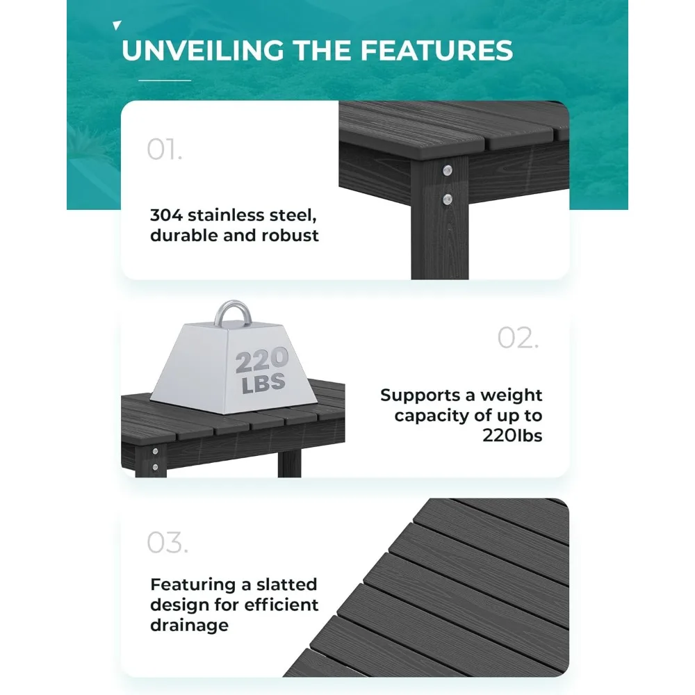Conjunto de mesa de centro externa retangular HDPE, preto, conjunto de 2